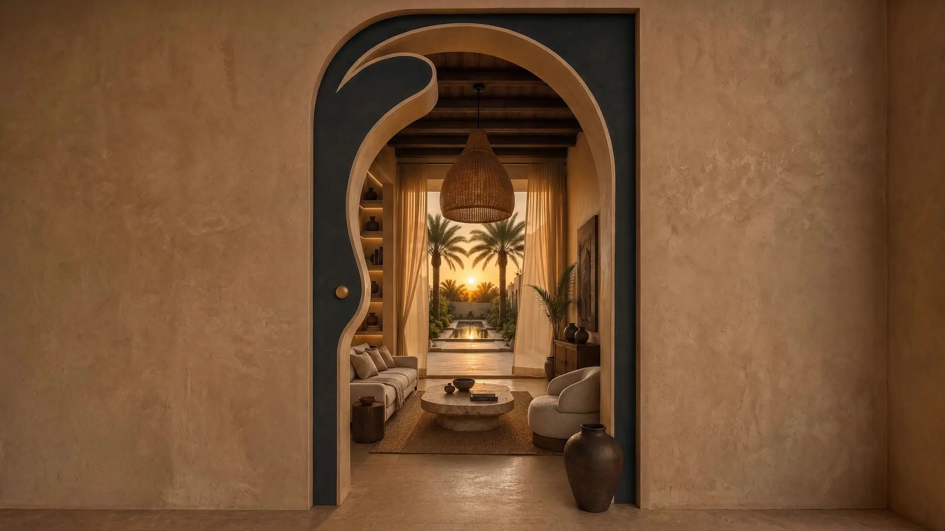 Porte en arche ouverte sur un salon chaleureux au coucher du soleil